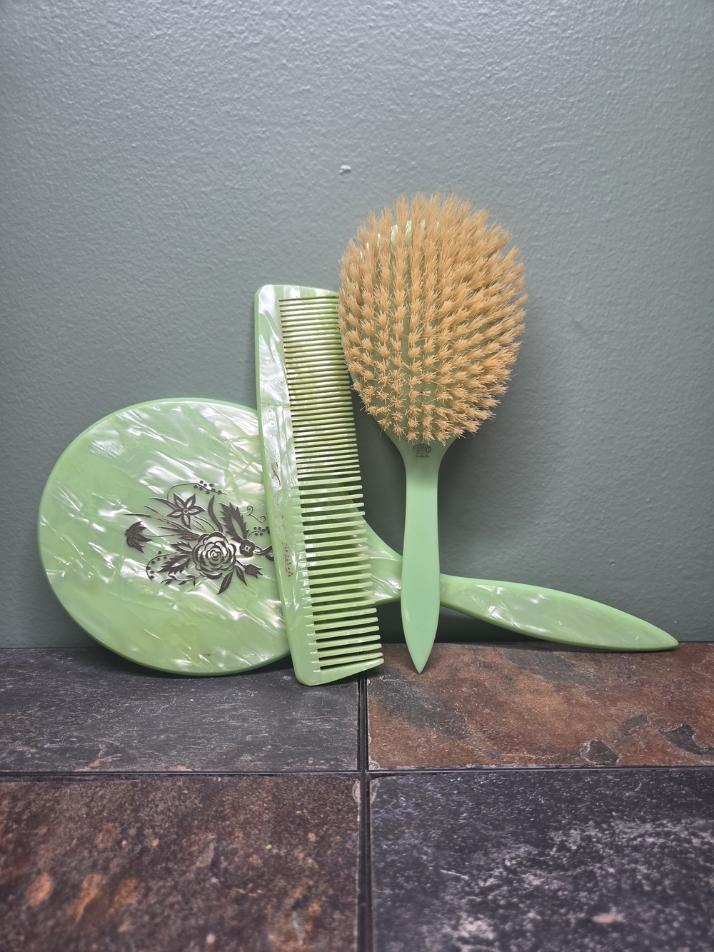 Mint Green Vintage-Style Hair Brush, Comb & Mirror Set